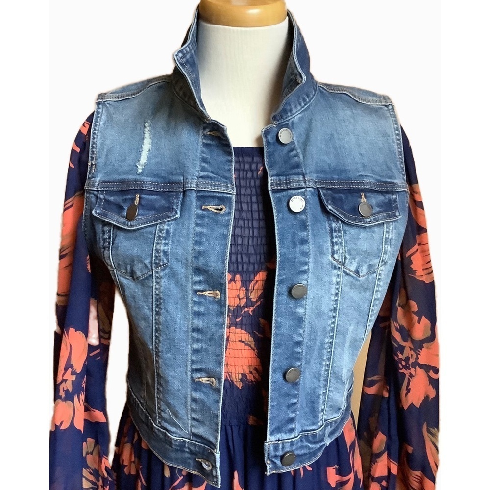C'EST TOI Black Label Blue Distressed Denim Vest Size M